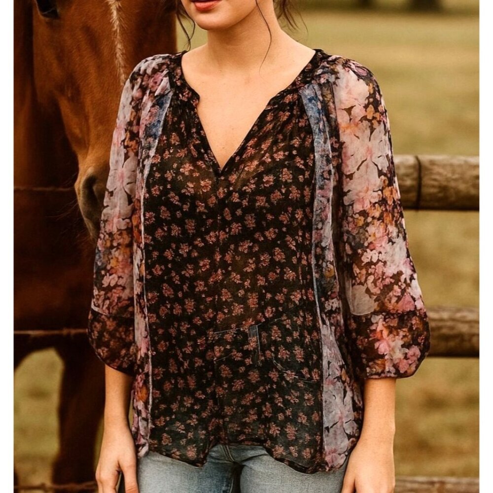Copper Key Sm Floral Sheer Blouse Raw Pheasant Oversized Cottagecore Farmhouse